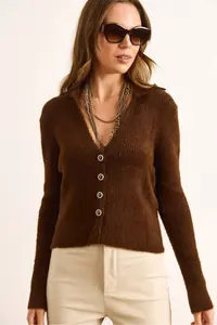 Olalook Women's Brown Collar Button Detailed V Beard Cardigan - Image 5