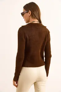 Olalook Women's Brown Collar Button Detailed V Beard Cardigan - Image 7