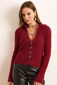 Olalook Women's Burgundy Collared Button Detailed V Beard Cardigan - Image 2