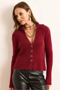 Olalook Women's Burgundy Collared Button Detailed V Beard Cardigan - Image 3