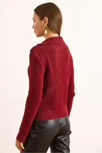 Olalook Women's Burgundy Collared Button Detailed V Beard Cardigan - Image 6