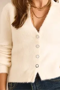 Olalook Women's Ecru Collar Button Detailed V Beard Cardigan - Image 6