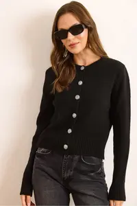 Olalook Women's Black Metal Button Detailed Crew Neck Cardigan - Image 2