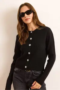 Olalook Women's Black Metal Button Detailed Crew Neck Cardigan - Image 4
