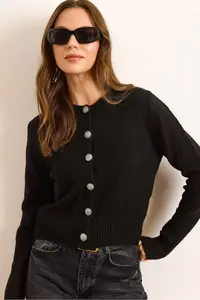 Olalook Women's Black Metal Button Detailed Crew Neck Cardigan - Image 5