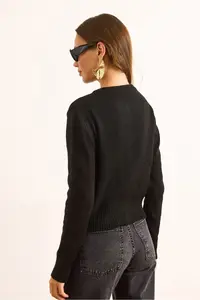 Olalook Women's Black Metal Button Detailed Crew Neck Cardigan - Image 7