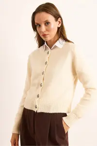 Olalook Women's Ecru Metal Button Detailed Crew Neck Cardigan - Image 3