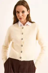 Olalook Women's Ecru Metal Button Detailed Crew Neck Cardigan - Image 4