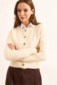 Olalook Women's Ecru Metal Button Detailed Crew Neck Cardigan - Image 5