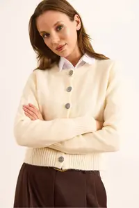 Olalook Women's Ecru Metal Button Detailed Crew Neck Cardigan - Image 6