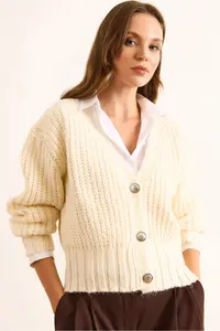 Olalook Women's Ecru 3 Button Thessaloniki Knitted Soft Textured Cardigan