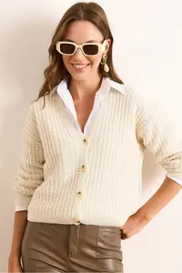 Olalook Women's Ecru 4-Button Thin Hair Braided Knitwear Cardigan