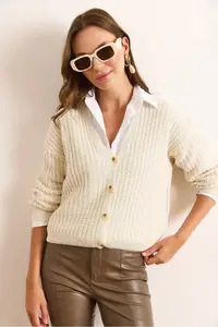 Olalook Women's Ecru 4-Button Thin Hair Braided Knitwear Cardigan - Image 3