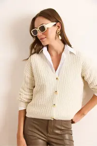 Olalook Women's Ecru 4-Button Thin Hair Braided Knitwear Cardigan - Image 4