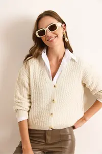 Olalook Women's Ecru 4-Button Thin Hair Braided Knitwear Cardigan - Image 5