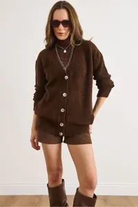 Olalook Women's Brown 5 Button Soft Textured Thick Long Cardigan