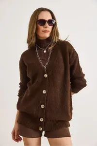 Olalook Women's Brown 5 Button Soft Textured Thick Long Cardigan - Image 2