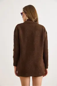 Olalook Women's Brown 5 Button Soft Textured Thick Long Cardigan - Image 3