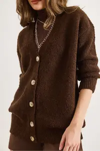 Olalook Women's Brown 5 Button Soft Textured Thick Long Cardigan - Image 4