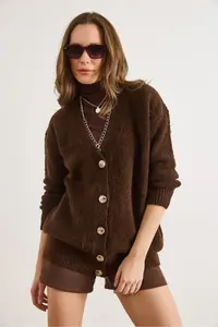 Olalook Women's Brown 5 Button Soft Textured Thick Long Cardigan - Image 6