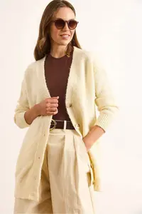 Olalook Women's Ecru 5 Button Soft Textured Thick Long Cardigan
