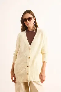 Olalook Women's Ecru 5 Button Soft Textured Thick Long Cardigan - Image 2