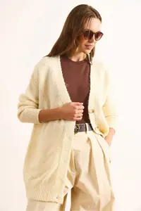 Olalook Women's Ecru 5 Button Soft Textured Thick Long Cardigan - Image 3