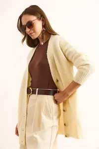 Olalook Women's Ecru 5 Button Soft Textured Thick Long Cardigan - Image 5