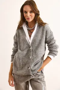 Olalook Women's Gray 5 Button Soft Textured Thick Long Cardigan - Image 2