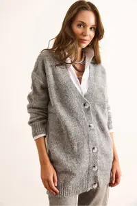 Olalook Women's Gray 5 Button Soft Textured Thick Long Cardigan - Image 4