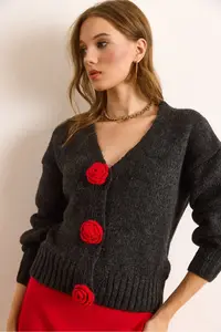 Olalook Women's Anthracite Rose Accessory Soft Textured Knitwear Cardigan