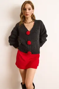 Olalook Women's Anthracite Rose Accessory Soft Textured Knitwear Cardigan - Image 2