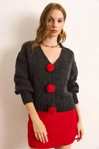 Olalook Women's Anthracite Rose Accessory Soft Textured Knitwear Cardigan - Image 3
