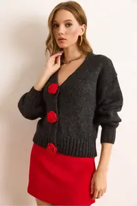 Olalook Women's Anthracite Rose Accessory Soft Textured Knitwear Cardigan - Image 4