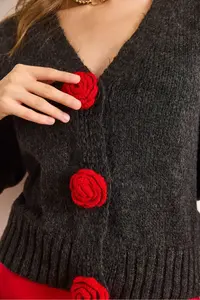 Olalook Women's Anthracite Rose Accessory Soft Textured Knitwear Cardigan - Image 5