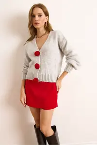 Olalook Women's Gray Rose Accessory Soft Textured Knitwear Cardigan - Image 2