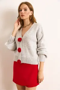 Olalook Women's Gray Rose Accessory Soft Textured Knitwear Cardigan - Image 3