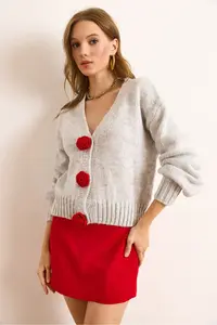 Olalook Women's Gray Rose Accessory Soft Textured Knitwear Cardigan - Image 4