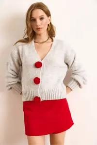 Olalook Women's Gray Rose Accessory Soft Textured Knitwear Cardigan - Image 5
