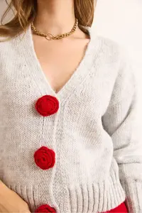 Olalook Women's Gray Rose Accessory Soft Textured Knitwear Cardigan - Image 6