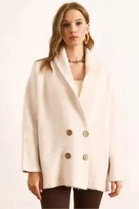 Olalook Women's Ecru Double Breasted Collar Oversize Rose Gold Knitted Cardigan