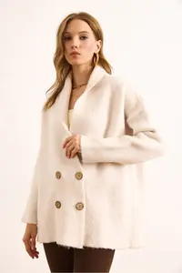 Olalook Women's Ecru Double Breasted Collar Oversize Rose Gold Knitted Cardigan - Image 2