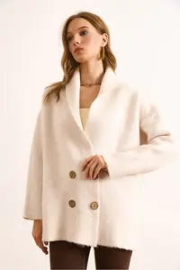 Olalook Women's Ecru Double Breasted Collar Oversize Rose Gold Knitted Cardigan - Image 3