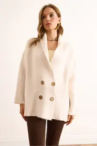 Olalook Women's Ecru Double Breasted Collar Oversize Rose Gold Knitted Cardigan - Image 6