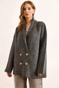 Olalook Women's Smoked Double Breasted Collar Oversize Rose Gold Knitwear Cardigan - Image 2