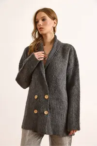 Olalook Women's Smoked Double Breasted Collar Oversize Rose Gold Knitwear Cardigan - Image 3