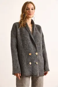 Olalook Women's Smoked Double Breasted Collar Oversize Rose Gold Knitwear Cardigan - Image 4