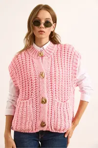 Olalook Women's Pink Thick Knitted Big Button Knitwear Cardigan - Image 2