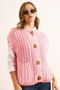 Olalook Women's Pink Thick Knitted Big Button Knitwear Cardigan - Image 3