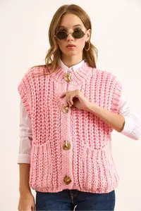 Olalook Women's Pink Thick Knitted Big Button Knitwear Cardigan - Image 4